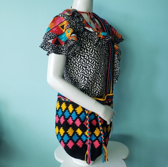 Knit crochet drawstring rainbow hippy hippie boho bag purse diamonds stripes - Picture 2 of 5